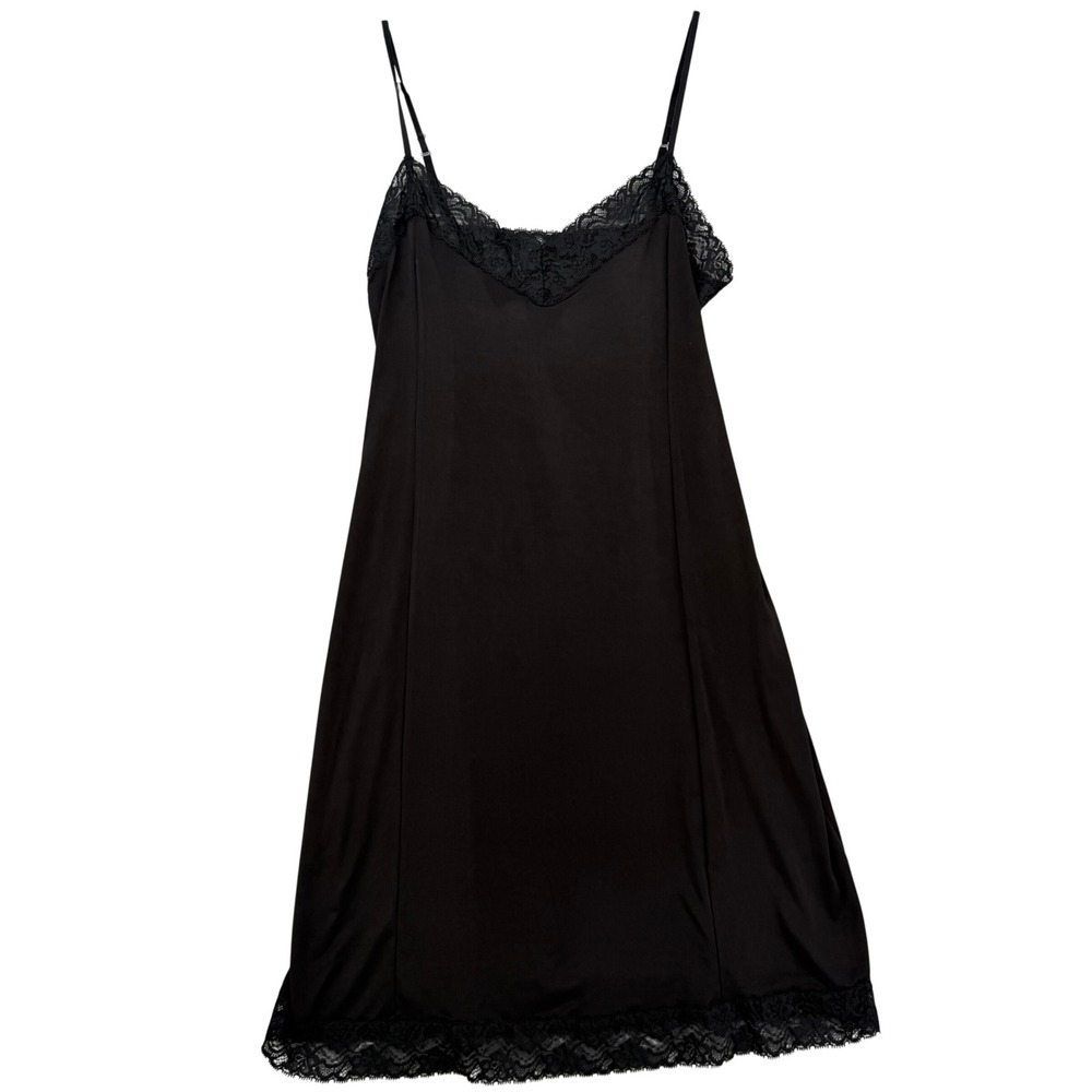 Vintage Black Lace Trim Full Slip Nightgown Adjustable Straps A-Line‎ Mid Length